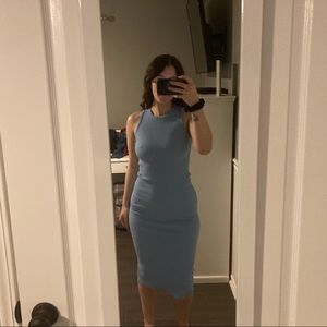 Express light blue body contour high neck midi sweater dress